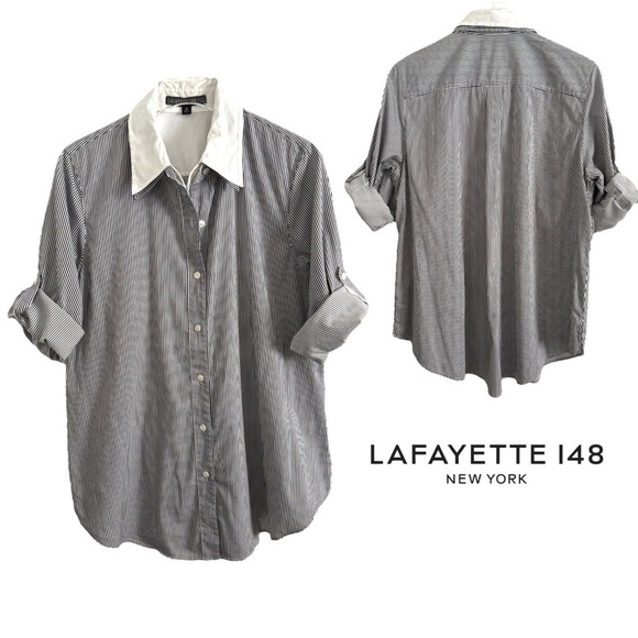 LAFAYETTE 148 NEW YORK GRAY WHITE STRIPED BUSINESS PROFESSIONAL TOP SHIRT M - Picture 5 of 7